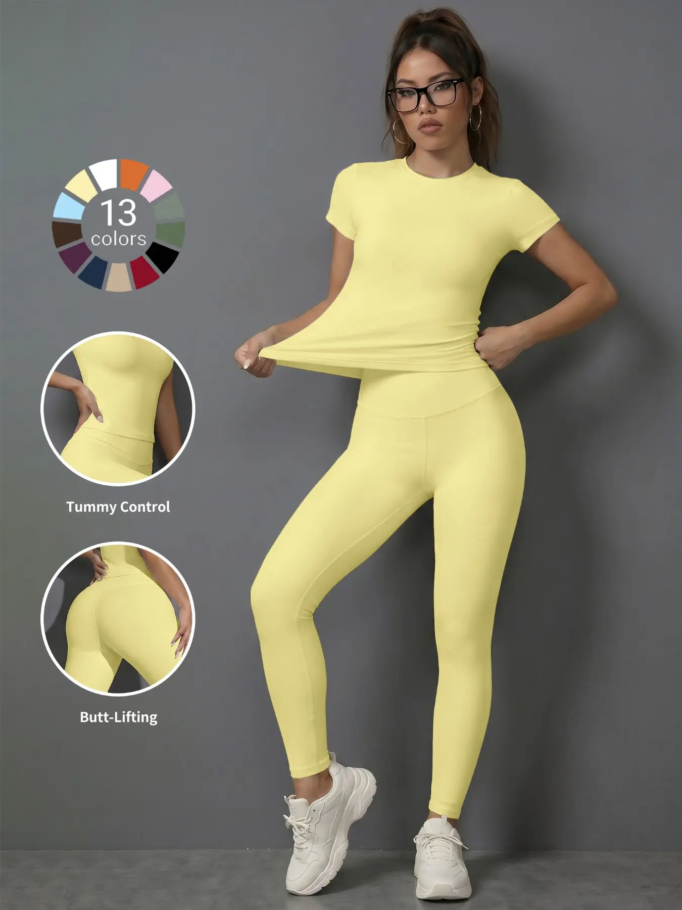 Women's Two-Piece Sportswear Set, Activewear, Gym Yoga Outfit, Round Neck Short Sleeve Top + High Waist Yoga Pants, Soft Stretchy, Ideal for Yoga, Fitness, Running, Fitness Sets