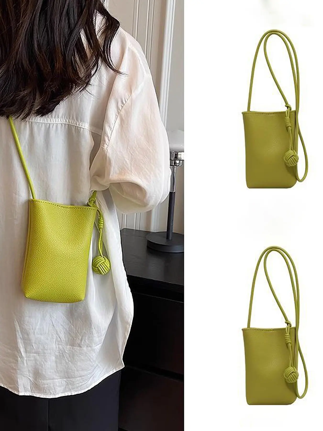 Small fresh dopamine crossbody mobile phone bag, Fashion crossbody handbag, braided knot decoration, simple and compact, daily travel portable bag, niche vertical design, mobile phone small item storage bag, suitable for shopping, Everyday crossbody bag