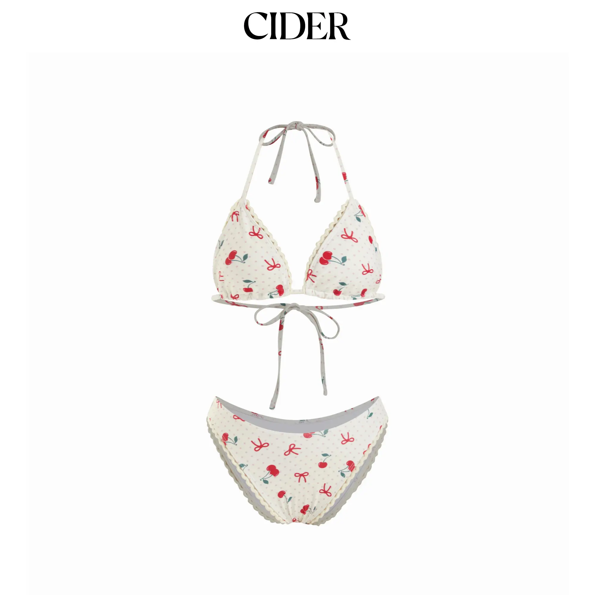 Cider V-neck Check Cherry Graphic Contrasting Binding Halter Cheeky Bikini Swimsuit