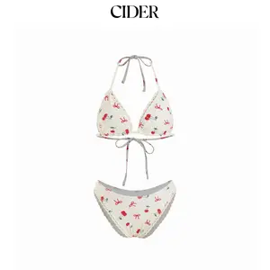 Cider V-neck Check Cherry Graphic Contrasting Binding Halter Cheeky Bikini Swimsuit