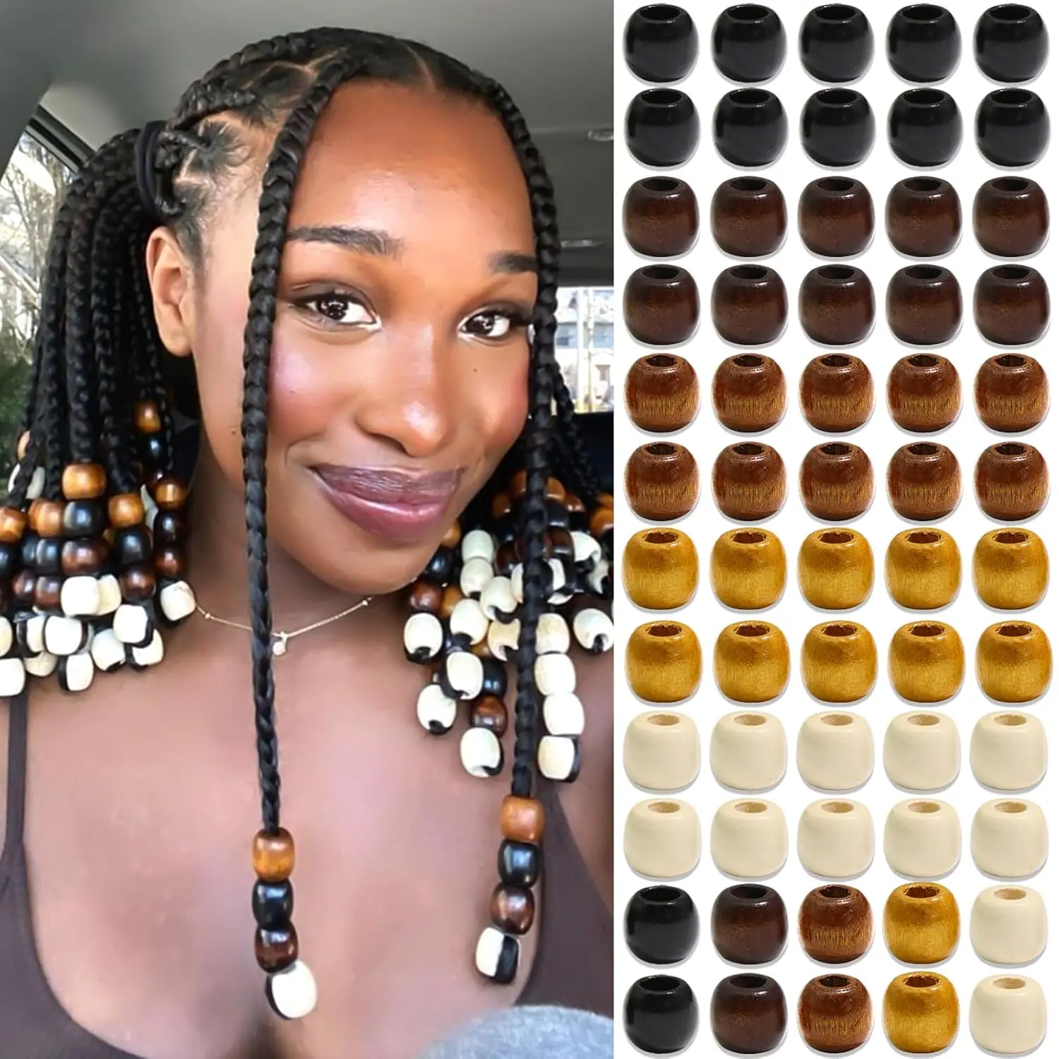 60 count Wooden Hair Beads for Braid 5 Color   Bead Loc Dreadlock Accessories Hair Tube Cute Braids Decoration  Making Braid Clips for Women and Men