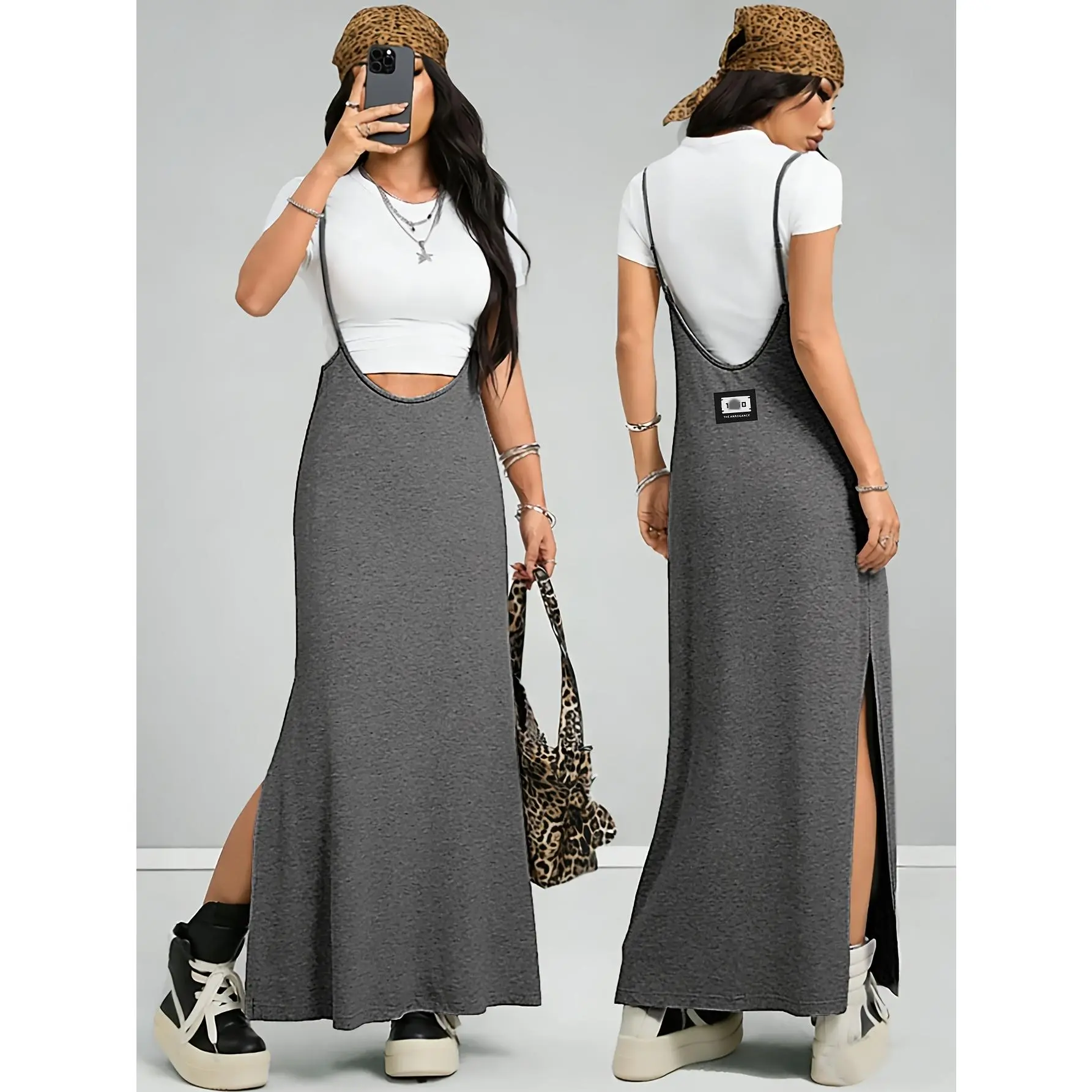 Women's Fashion Versatile Y2K Solid Color Suspender Dress, U-neck Simple Design, Side Slit, Thin Straps Loose Casual Long Suspender Dress, Trendy Layering, Suitable for Daily Casual Wear, Spring/Summer Style A11349