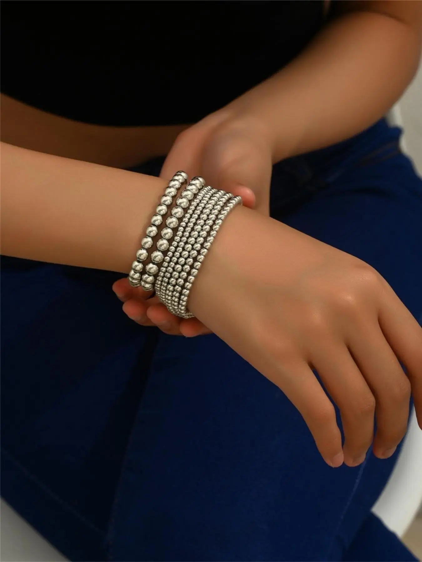 7 Pcs Elegant Ccb Beaded Bracelet Set, Stackable Beaded Bracelet, Simple Fashionable Design, Perfect for Vacation Style, High-Quality Handmade Jewelry