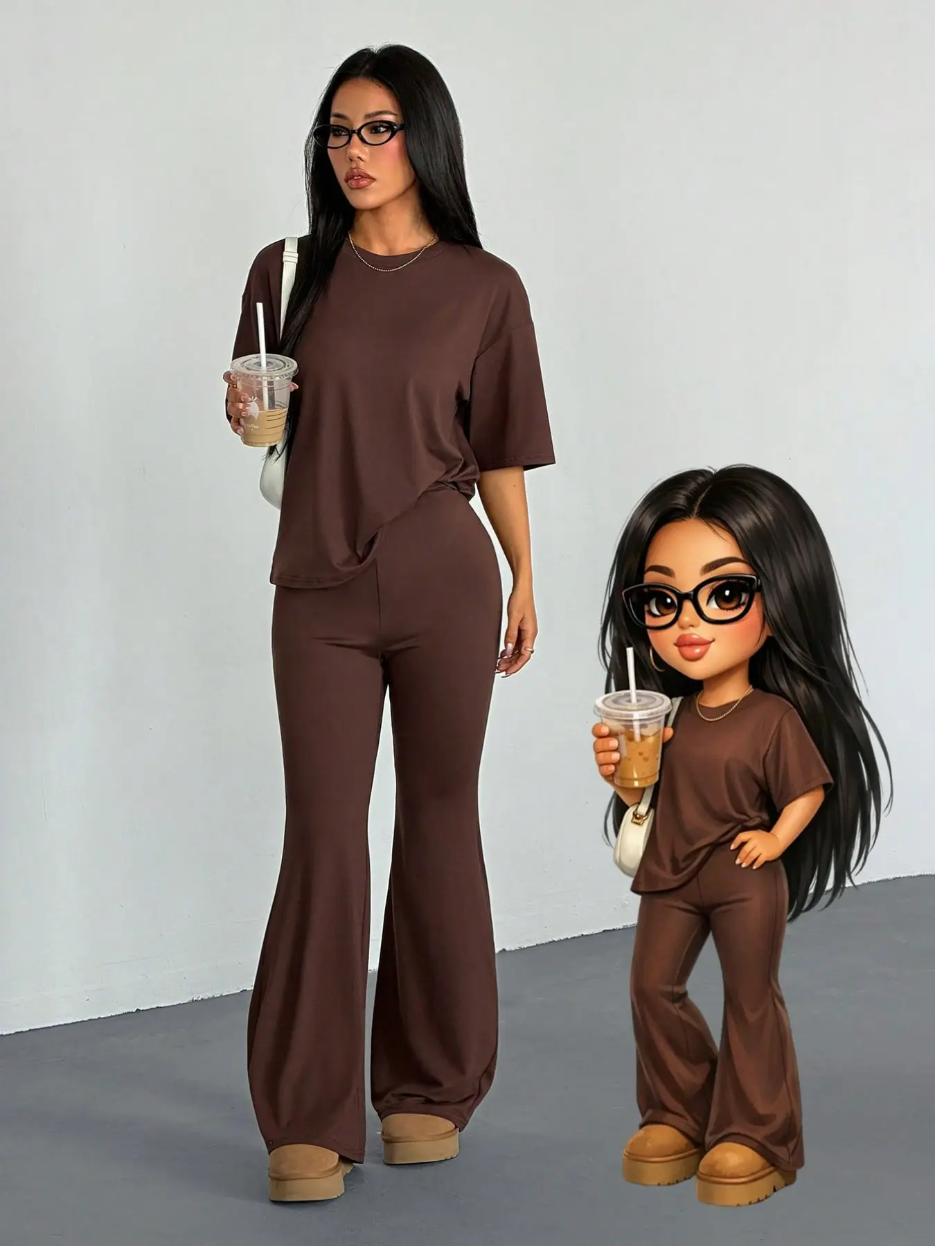 Ins Viral Solid Casual Two Piece Outfit, Oversized Round Neck Top And High Waist Floor-length Flared Pants. Soft skin-friendly fabric, relaxed style, great for light workout and daily commuting streetwear.