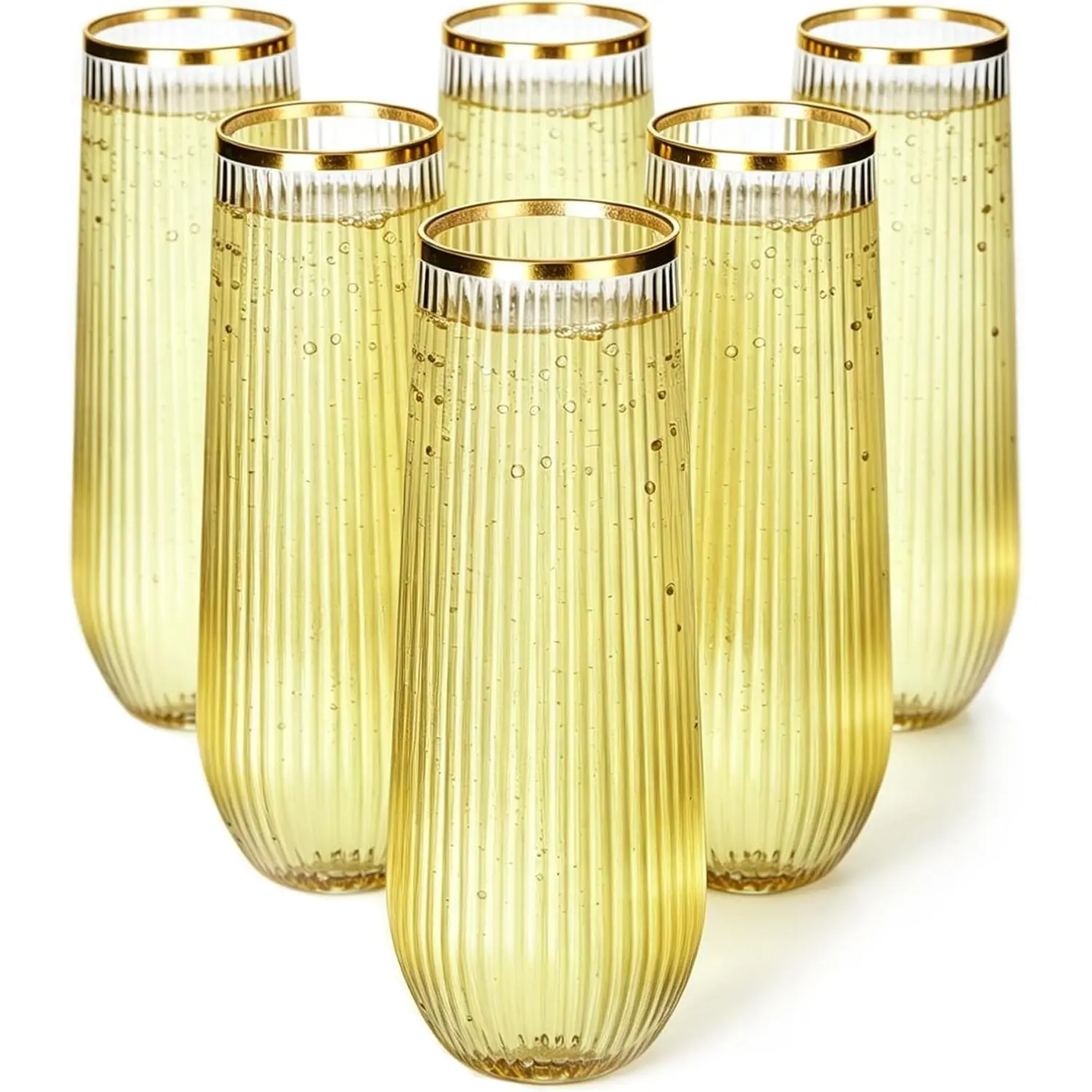 48 Pack Stemless Champagne Flutes, 9 oz Ribbed Plastic with Gold Rim - Shatterproof & Disposable Drinkware Set for Weddings, Beach Parties, Halloween, Reusable
