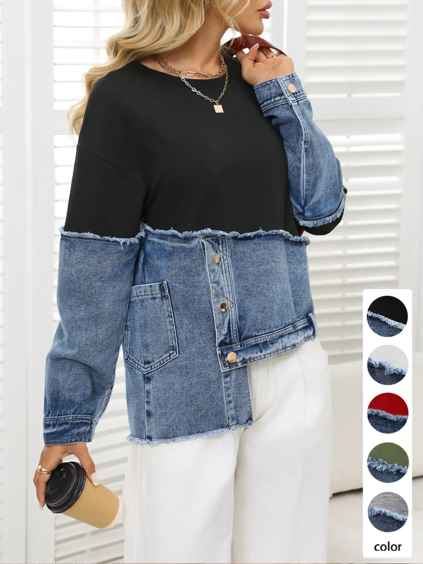 Women's Colorblock Denim Patchwork Basic Sweatshirt, Frayed Edge Asymmetrical Lapel Hem Round Neck Long Sleeve Loose Fit Oversized Top with Pockets, Spring & Fall Daily Wear