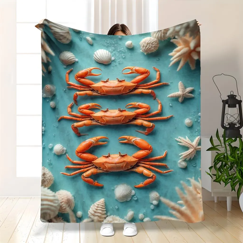 1Pc Blue Crab & Seashell Ocean Print Flannel Sea Animal Blanket - Turquoise Marine Bedspread, Soft 280Gsm Polyester, All-Season Warmth, Machine Washable, Contemporary Coastal Decor for Bedroom & Travel, Sea Animal Blankets