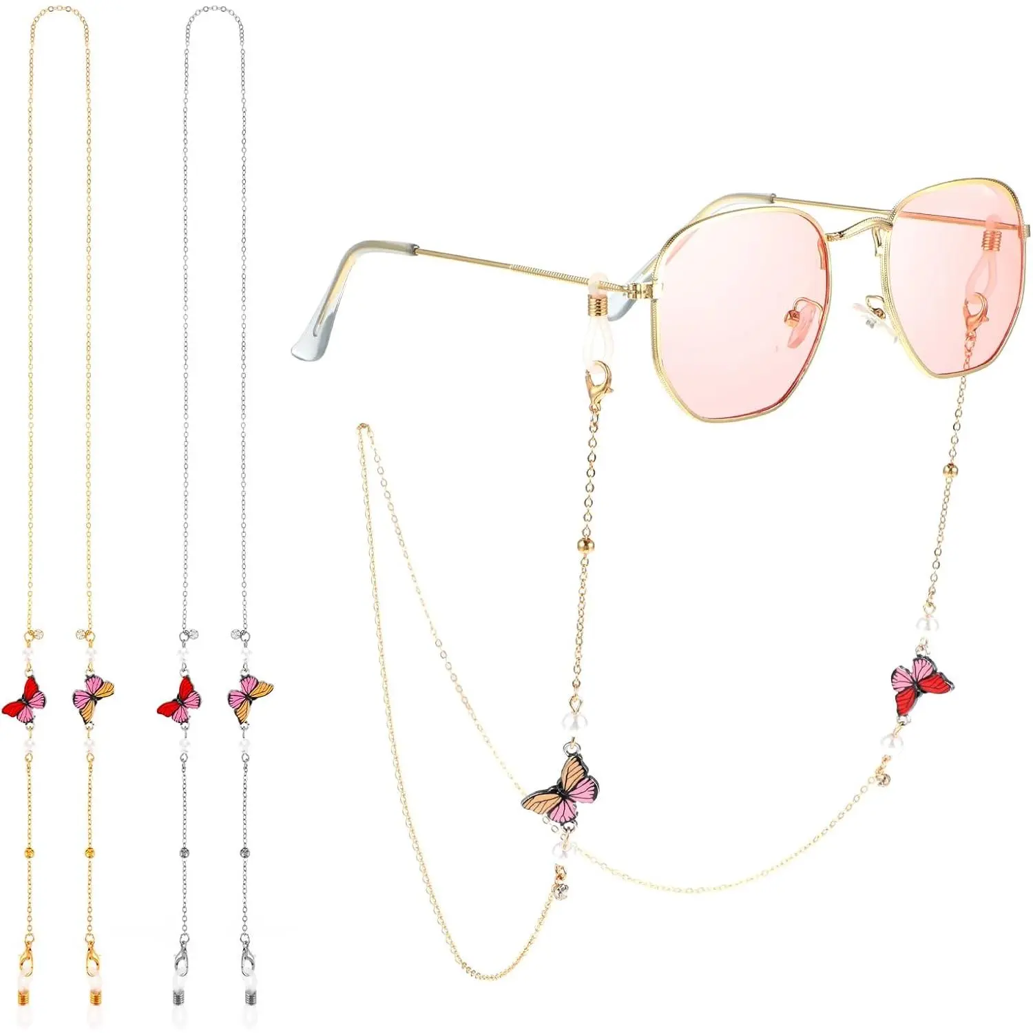 2-Piece Beaded Eyeglass Chain for Women, Lightweight Necklace Strap with Butterfly Motif, Convertible Holder for Glasses and Masks, Beaded Chain, Female Wear