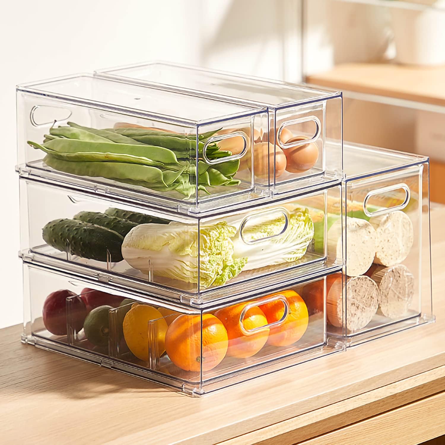 4 pack Stackable Refrigerator Organizer Bins Pull-Out Drawers for Fruit and Veggies Storage Organizer for Fridge Clear Drawer Containers with Handle Divided Organization for Produce Saver