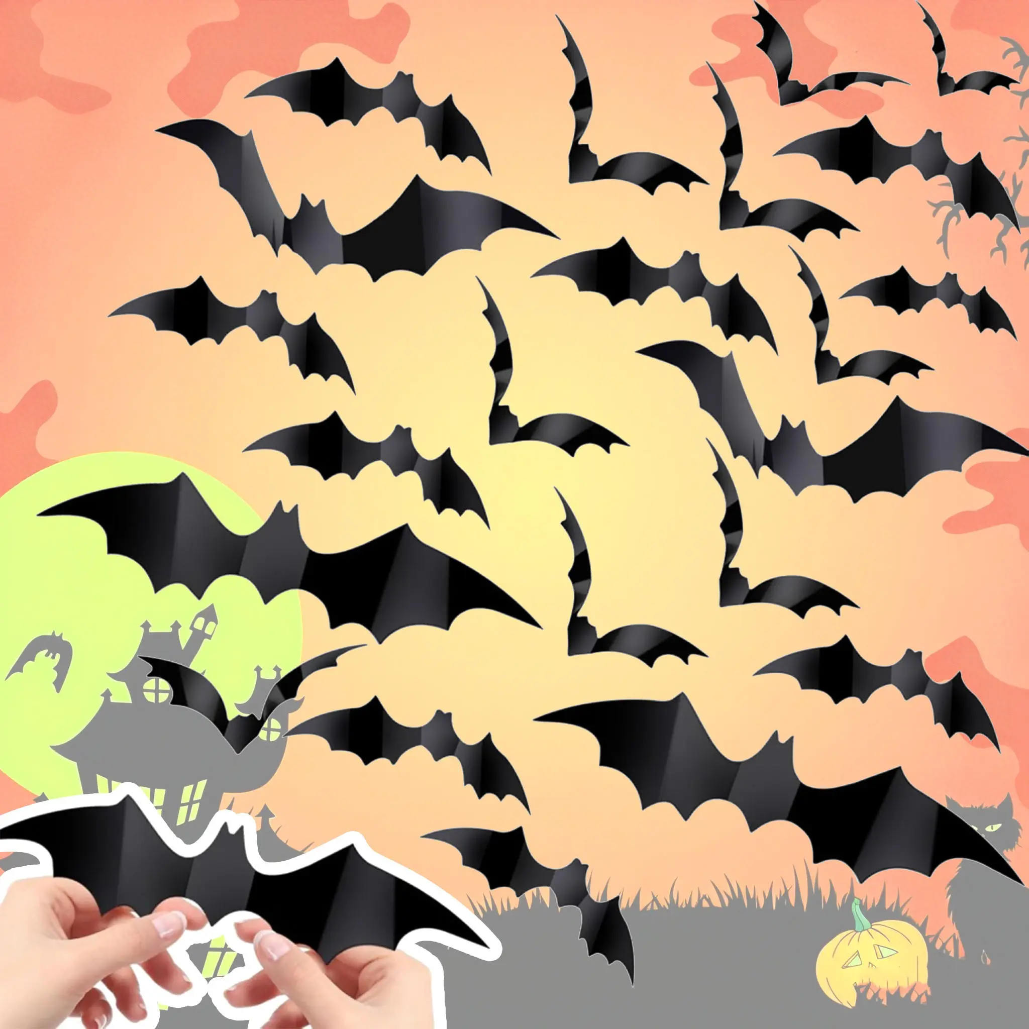 60pcs Bat Decorations, Halloween Room Decor, 4 Sizes Realistic Waterproof PVC 3D Horror Bat Stickers, Home Wall Decals for Indoor Halloween Party Supplies
