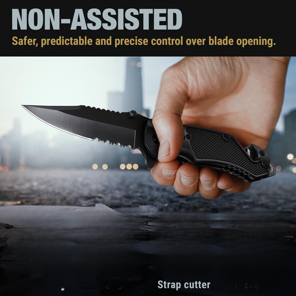 Pocket Knife with 2.95” Serrated Blade, Glass Breaker, Seat Belt Cutter - EDC Sharp Folding Knives with Portable Clip - Small Tool for Tactical Camping Survival Hiking - Gifts for Men, Women Pocket Knife with 2.95” Serrated Blade, Glass Breaker, Seat Belt Cutter - EDC Sharp Folding Knives with Portable Clip - Small Tool for Tactical Camping Survival Hiking - Gifts for Men, Women