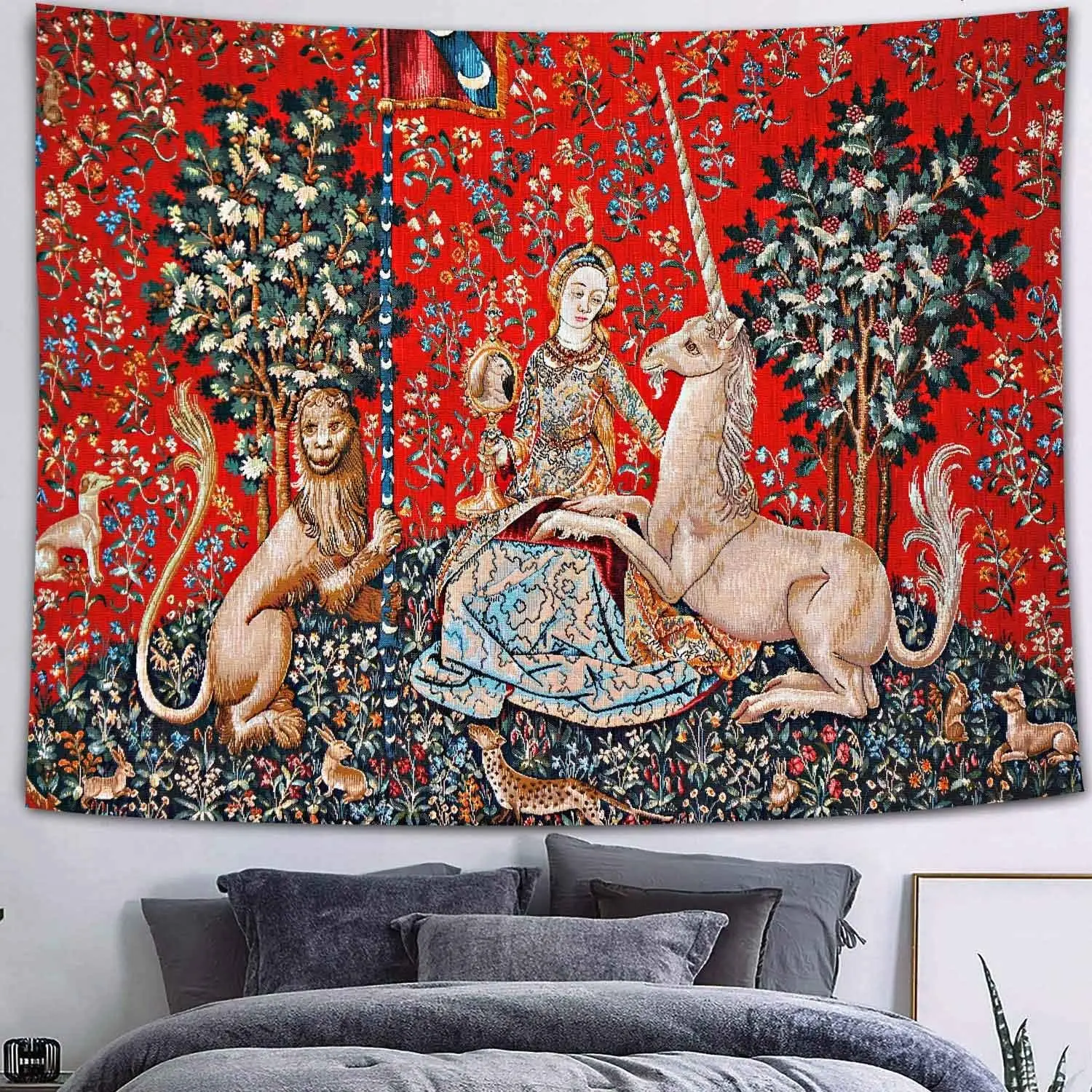 A medieval tapestry made of polyester, featuring a royal maiden and a unicorn. Suitable for bedrooms, this tapestry also includes a unicorn motif.