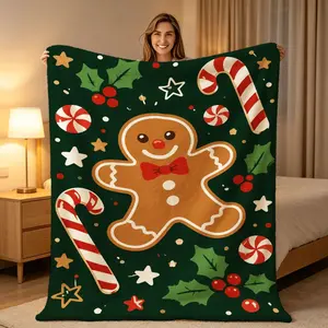 Cozy Christmas Throw Blanket Suitable For Bed And Sofa - Soft Warm Flannel Bedspread With Gingerbread Candy Cane Peppermint Holly Star Pattern, Dark Green Bedspread For Couch, Bed, Travel |   Contemporary Bedding For Living Room,