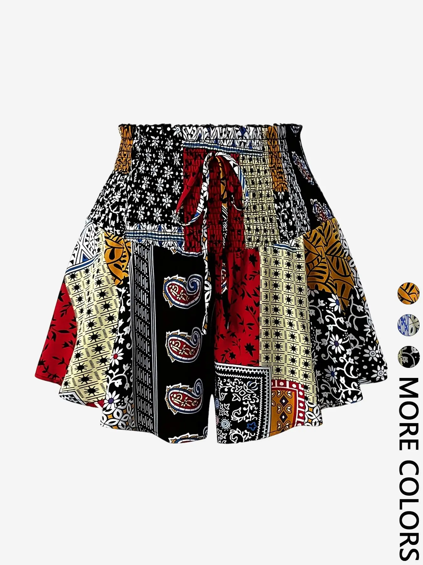 Women's Woven Patchwork Print Casual Relaxed Shorts, Smocked Elastic Drawstring Waist, Flared Ruffle Hem, Daily Casual Vacation Beach Street Wear, Breathable Lightweight Soft