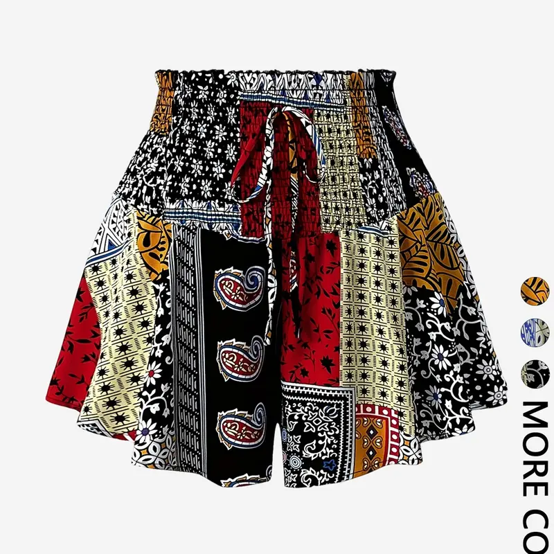Women's Patchwork Printed Shorts, Smocked Elastic Drawstring Waist, Lightweight Breathable Shorts for Vacation Beach Daily Wear, Breathable Comfy Shorts