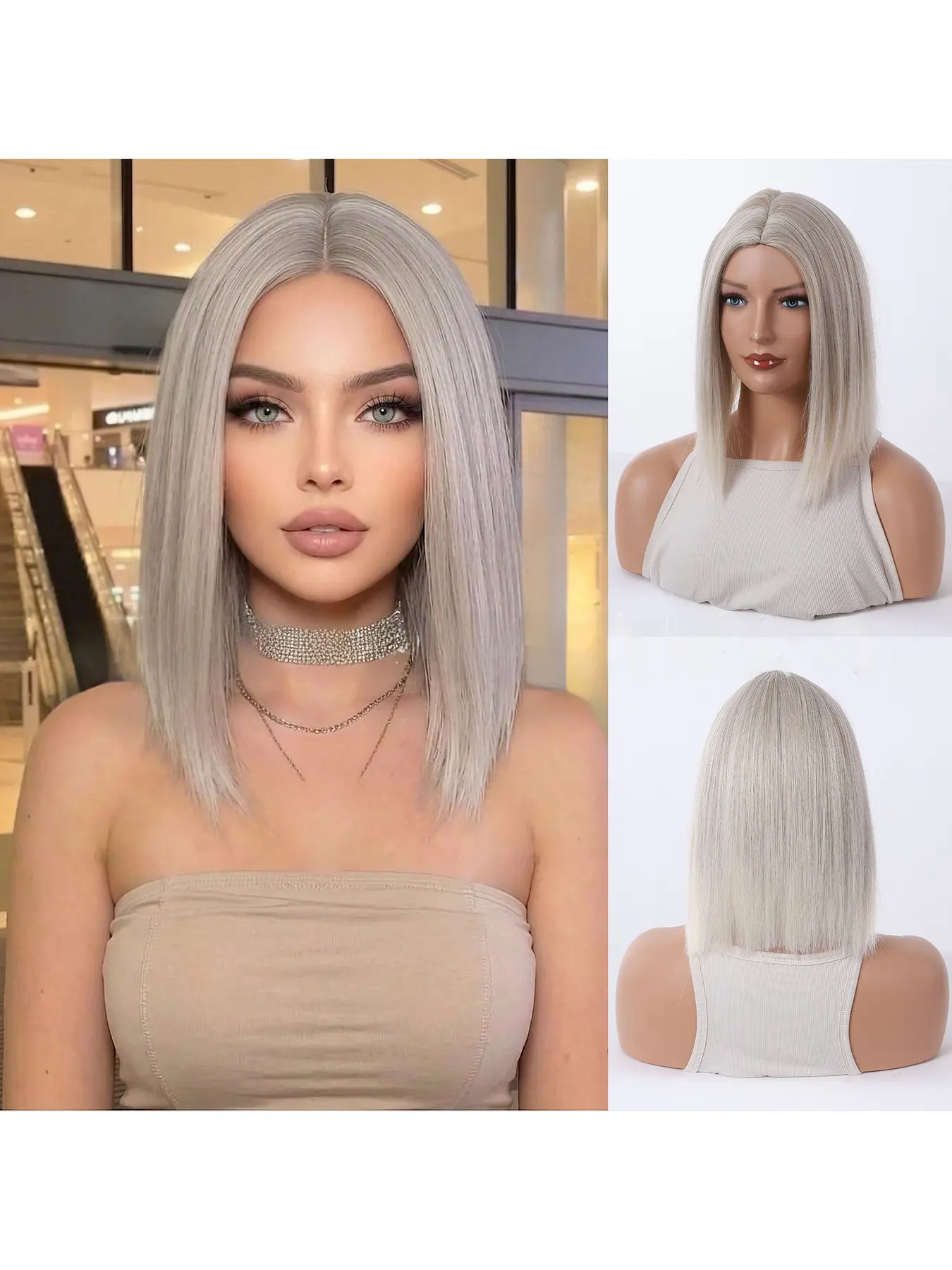 European American Style 16 Inch Silver Grey Ombre Straight Wig Middle Part Natural Fluffy Medium Length Full Head Wig for Women