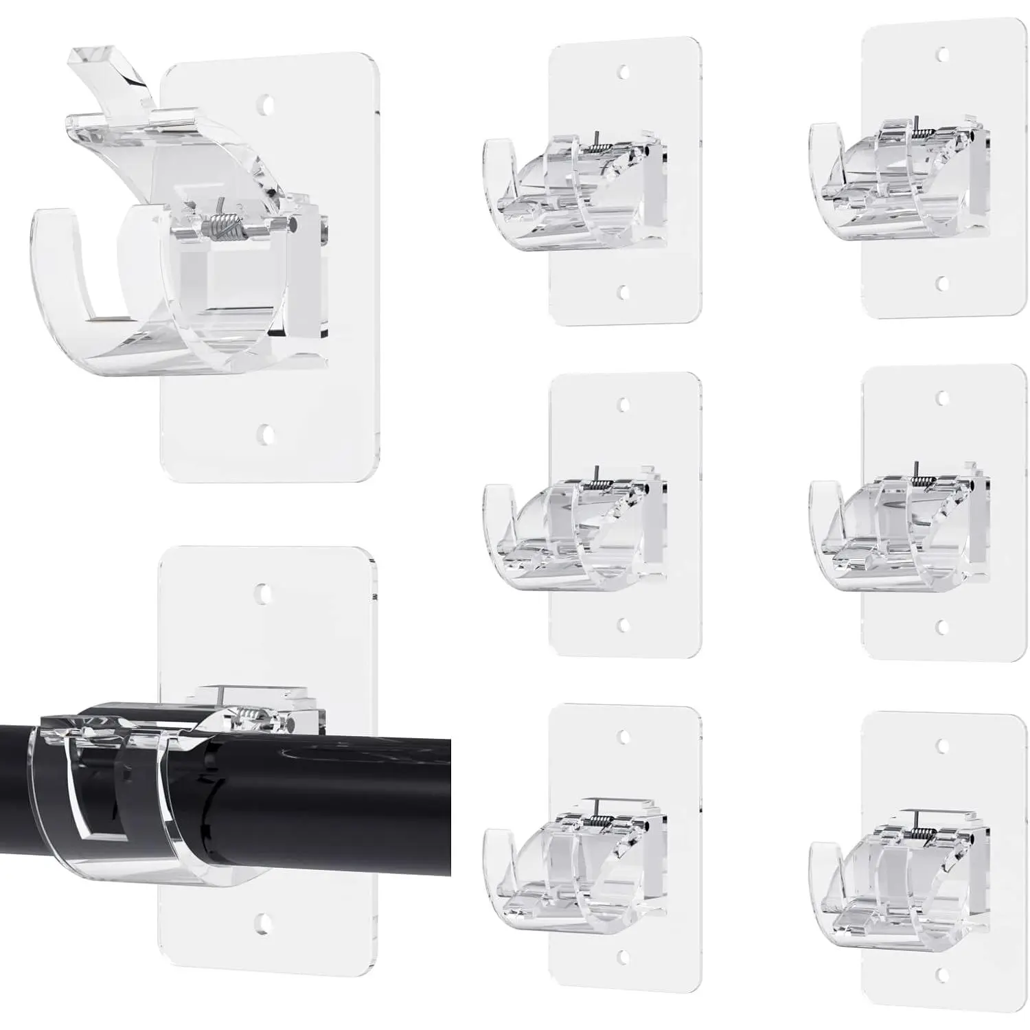 8PCS No Drill Curtain Rod Brackets, Self-Adhesive, Universal, Plastic & Stainless Steel, Wall Mount, Transparent