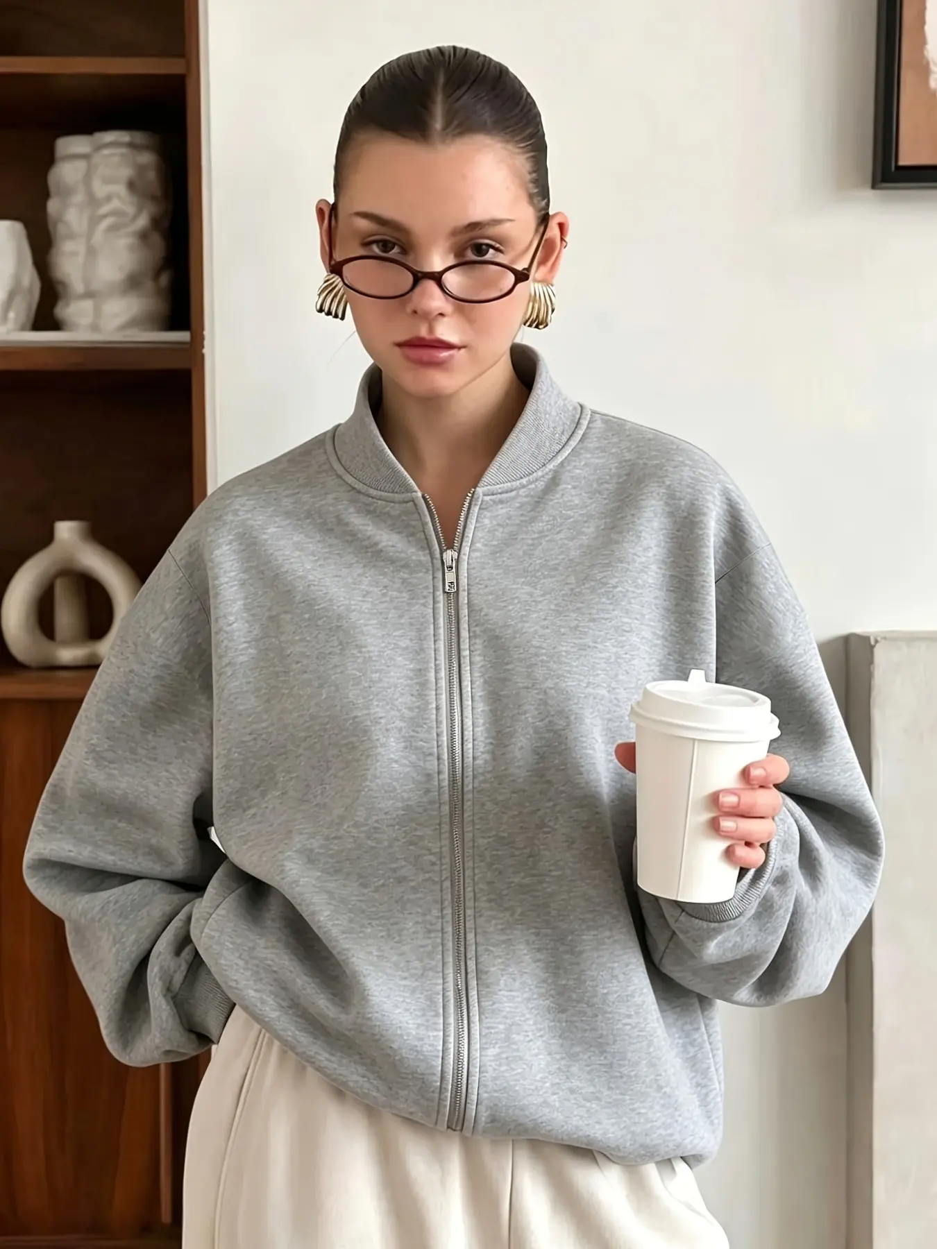 Women's Zip-Up Sweatshirt, Loose-Fitting Stand Collar, Long Sleeve, Casual All-Season Top, Soft Fleece, Plain Design, Daily Wear