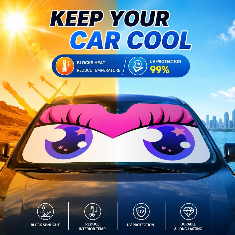 Cartoon Pink Big Eyes﻿ Foldable Car Sun Visor for Front Windshield, Reflective Heat Blocking and UV Protection Sunshade, Helps Reduce Interior Heat, Protect Dashboard and Seats from Fading, Easy Storage Universal Fit for Cars SUVs Trucks
