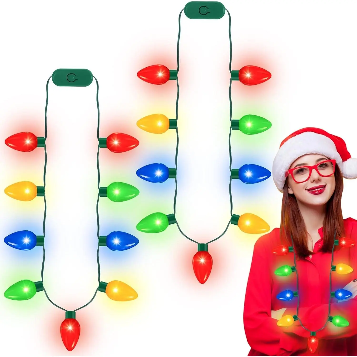 2 Pack Christmas Light Necklace with 9 LED Colorful Bulbs, 3 Flash Modes, 40 Inch Length, Ugly Sweater Light, Perfect for Christmas Xmas New Year Party FavorsGift