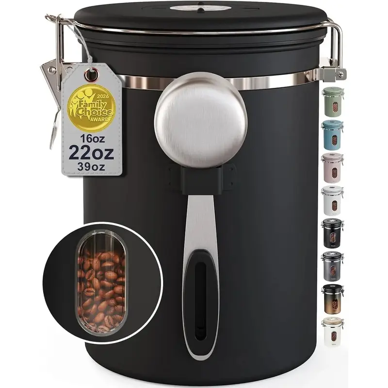 Airtight Stainless Steel Coffee Canister with Window View - 22OZ Single Jar Home Organizer for Beans, Rice, Tea - Holiday Gift Kitchen Food Storage Container (Black)