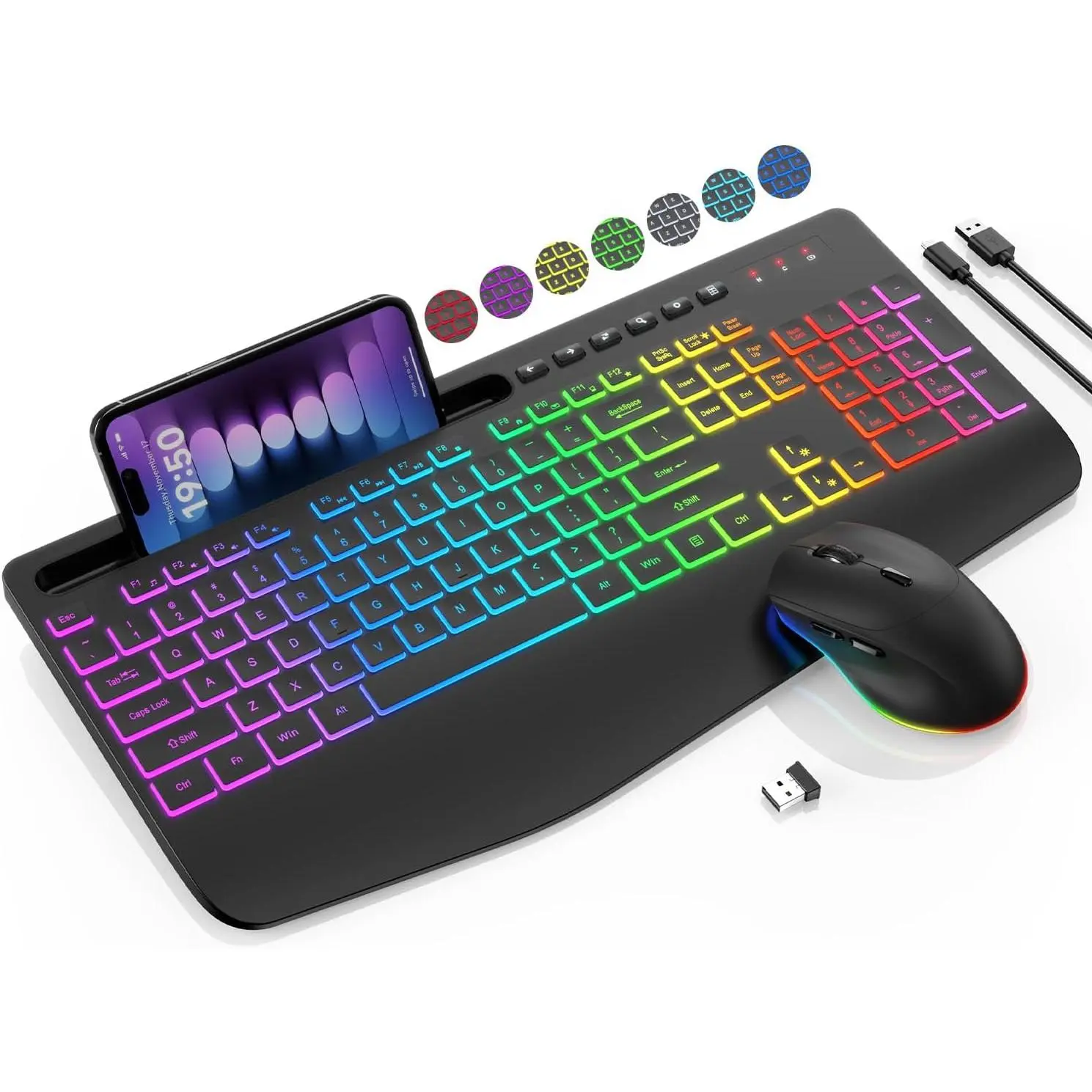 KM22 MAX Quiet Wireless Keyboard and Mouse Combo - 9 Backlit Effects, 2.4GHz Connectivity, Ergo Wrist Rest, Phone Holder, Full Size, Rechargeable, Sleep Mode for PC, Laptop, Windows