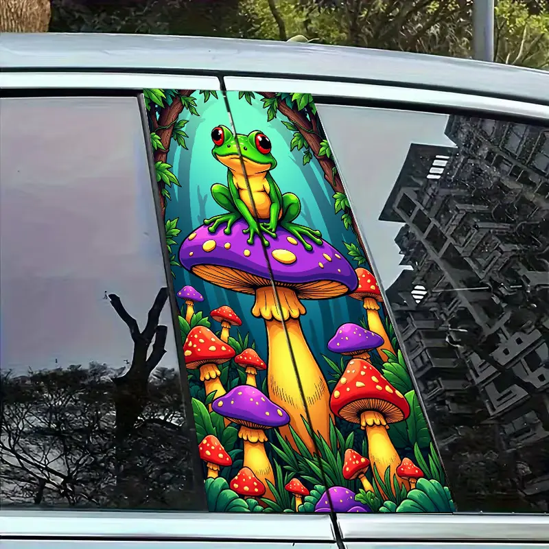 2pcs A Vibrant Green Frog with a 2D Flat Design Sitting on a Colorful Mushroom - a Vehicle B-Pillar Sticker That Is UV Resistant, Waterproof, And Scratch Resistant, Ideal for Cars, Trucks, And Suvs