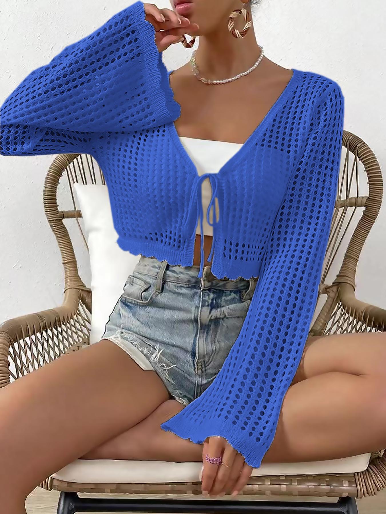 Women's Plain Hollow Out Tie Front Crop Cardigan, Casual Flounce Sleeve V Neck Cover Up Knitwear for Spring & Fall, Summer Outfits 2024, Women's Knit Clothing for Daily Wear