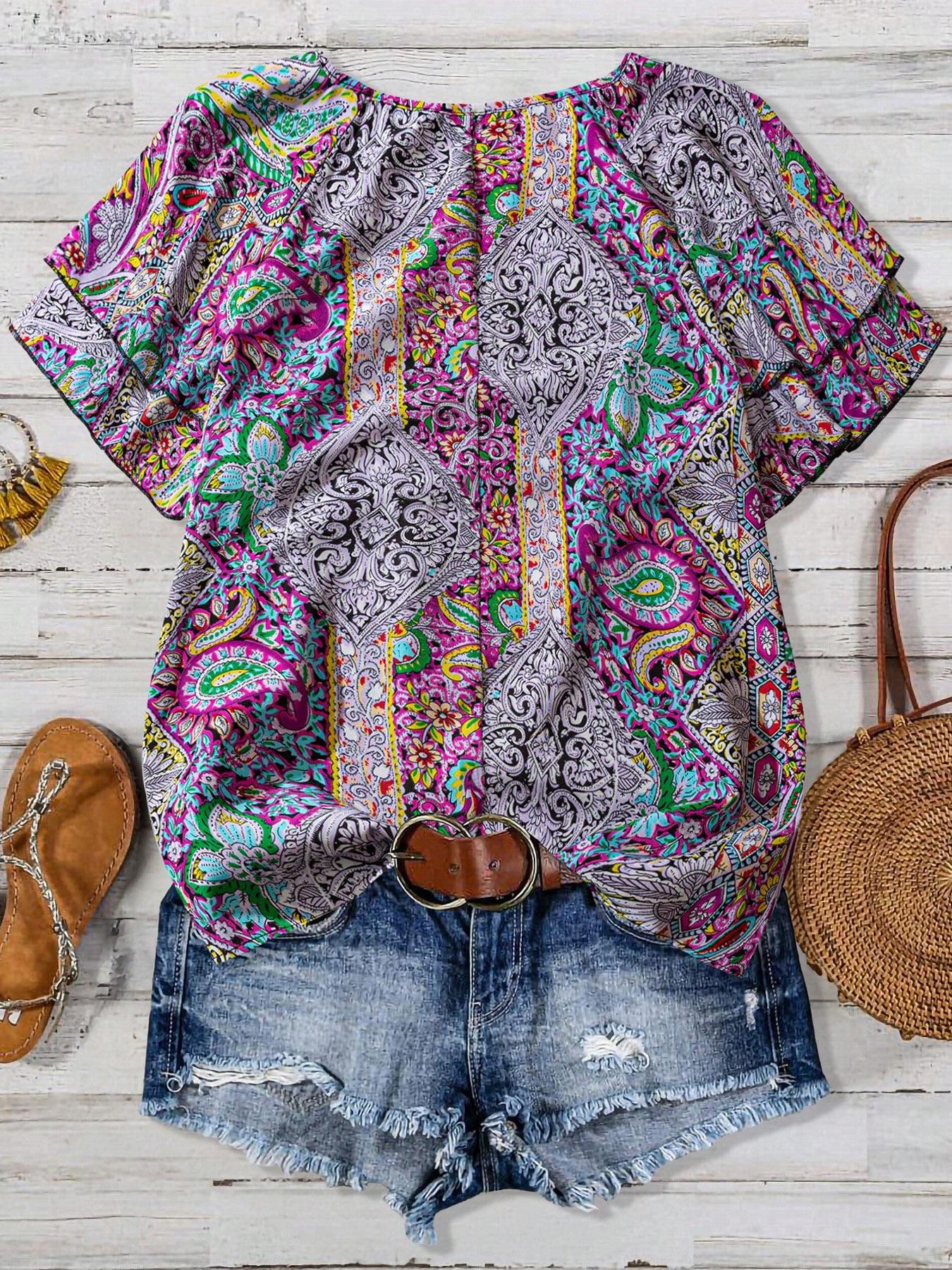【Plus Size】 Paisley Print Blouse, Boho Casual Short Sleeve Top for Daily Holiday Vacation Wear, Women Plus Clothing for Summer
