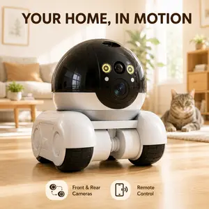 Robot Camera Indoor Movable Surveillance Bot Dual Lens Day Night Vision Remote App Steering Tank Wheels Laser Pet Play Function Two Way Voice Intercom Motion Tracking For Home Pet Elderly Care