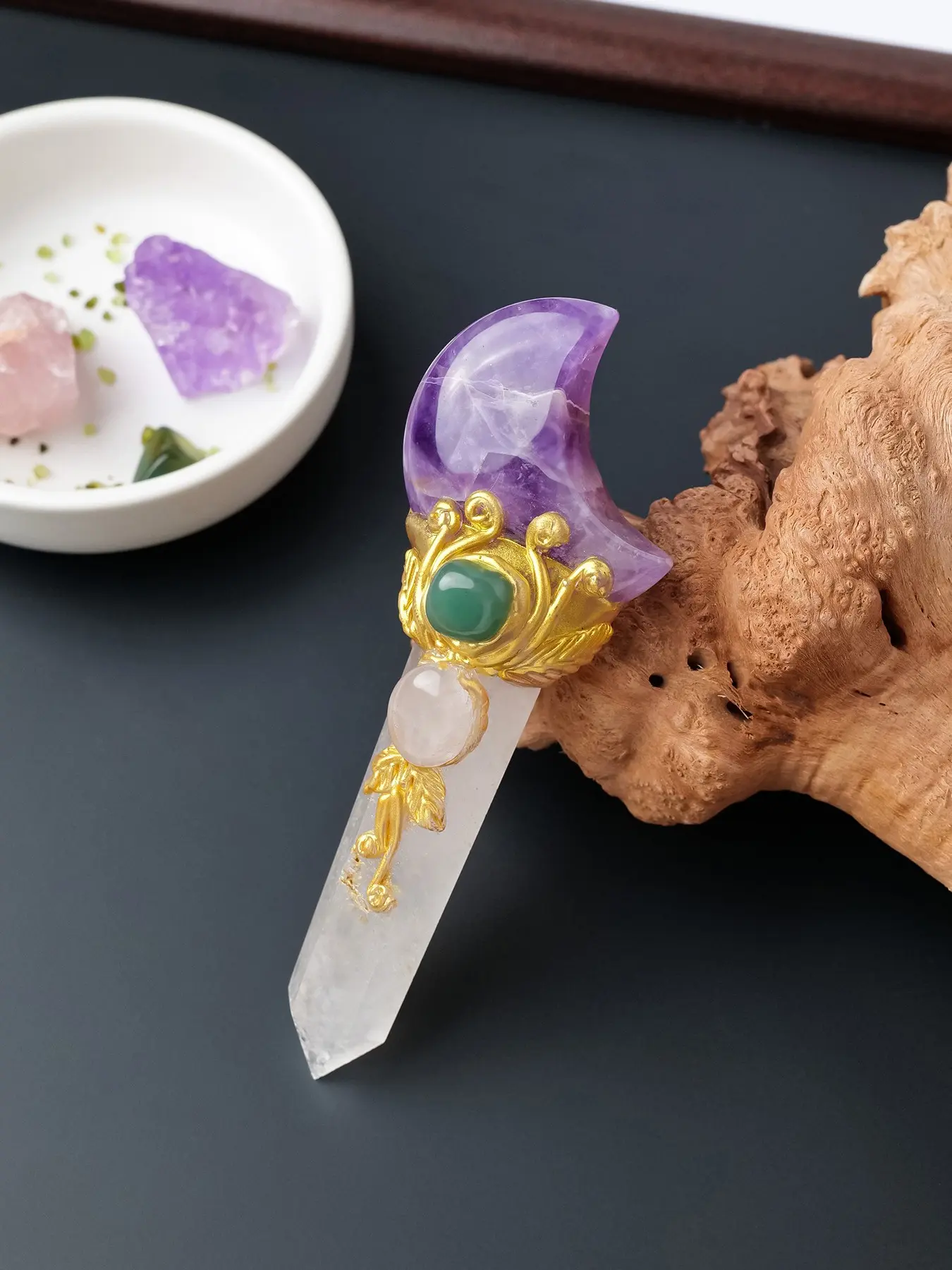 Natural Crystal Moon Star Wand, Amethyst Moon Quartz Star, Healing Spiritual Witchcraft Altar Decor, Gift Idea