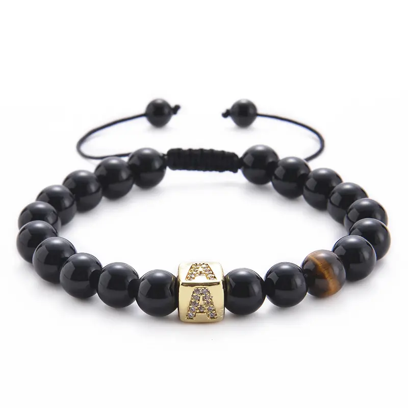 Men's Initial Charm Bracelet, Handmade Braided Rope with Natural Tiger Eye & Black Onyx Stone Beads, Adjustable and Hypoallergenic for Everyday Wear, Lead-Free, Bracelets, Gift Ideas, 8Mm, Natural Stone