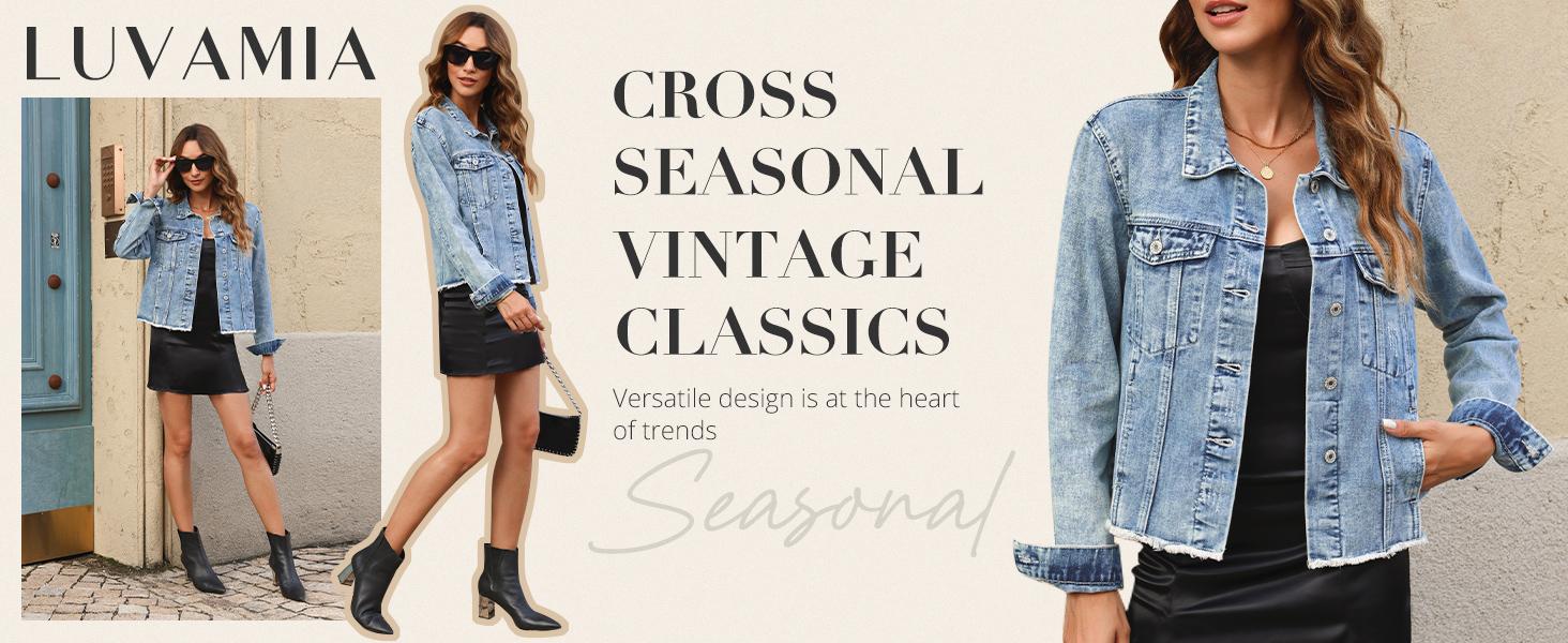 Luvamia Women's Denim Jacket Distressed Jean Button Up Vintage Western Trucker Frayed Hem Pockets Casual Coats Collared Long Sleeves Soft Denim Material Outerwear