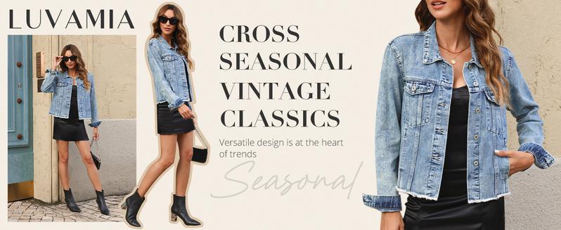 Luvamia Women's Denim Jacket Distressed Jean Button Up Vintage Western Trucker Frayed Hem Pockets Casual Coats Collared Long Sleeves Soft Denim Material Outerwear