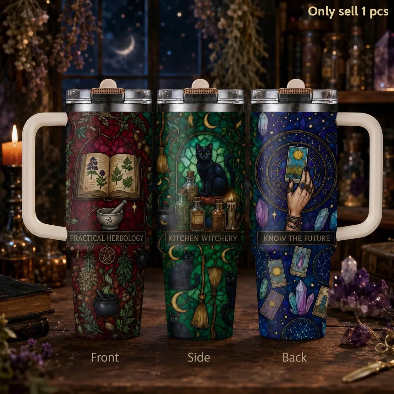 Celestial Witch Stained Glass 40oz Tumbler – Mystic Gothic Stainless Steel Insulated Travel Mug Drinkware Vacuum Flask with Handle & Straw Lid for Coffee, Water, Office, Car, Witchcore Aesthetic Gift for Fantasy Lovers