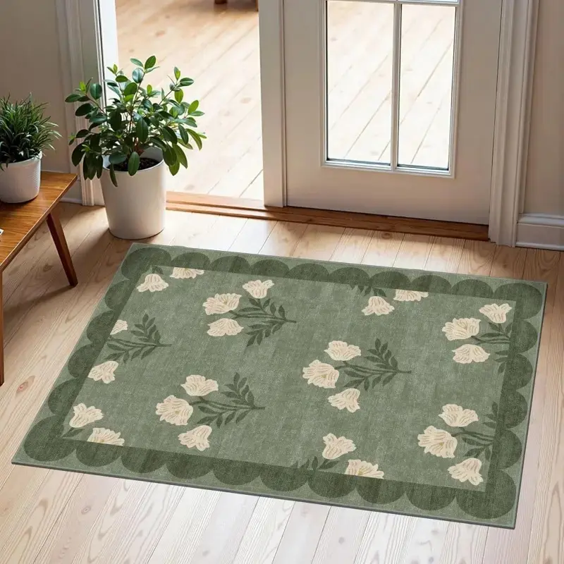 Front Door Mat Outside Entrance - 2x3 Floral Non-Slip Washable Doormat Indoor Outdoor Door Mat Spring Sage Green Floral Entry Rug Small Throw Rugs for Entryway Kitchen Front Porch Decor Flower Rug Decorative Rug