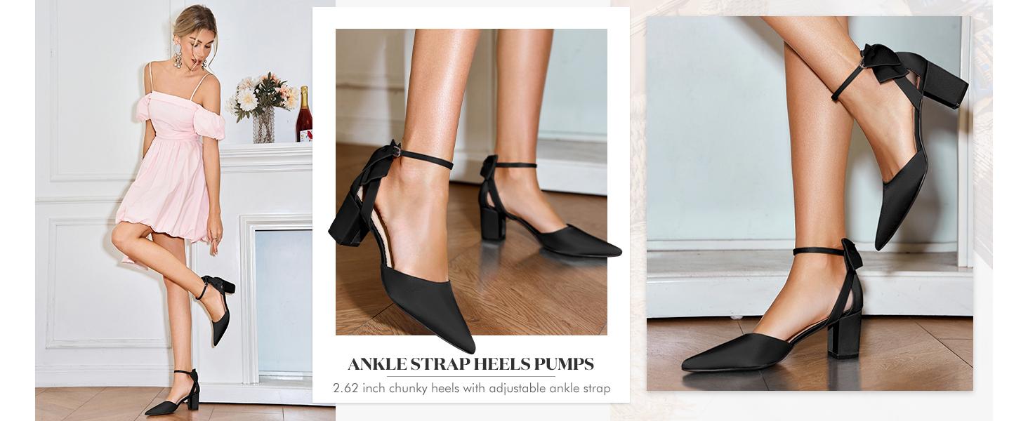 Coutgo Womens Chunky Heels Low Heel Ankle Strap D'Orsay Pumps Closed Pointed Toe Wedding Bridal Shoes