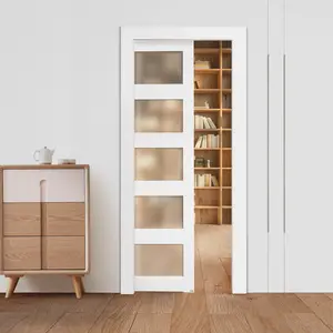 VEVOR Sliding Pocket Door, 36" x 80", 5-Lite Frosted Glass Single Sliding Door with Hardware Kit, Sturdy Solid Wood & MDF Pocket Doors Slab with Waterproof Surface for Bedroom Kitchen Study Room
