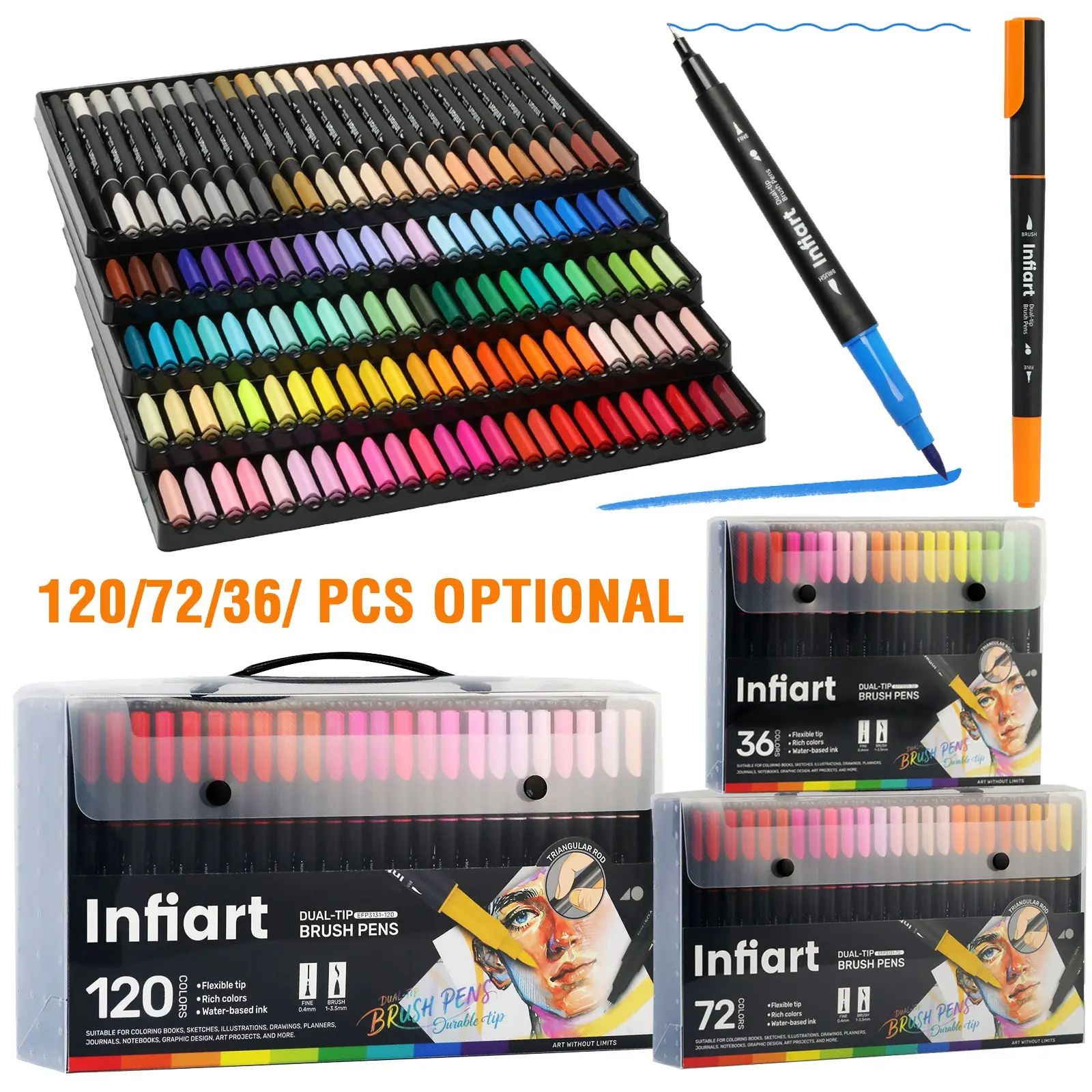 Infiart Dual-Ended Acrylic Marker Pens, Art Drawing Pens, Soft Brush Tip 1-3.5mm & Fine Point 0.4mm, Rich Colors, 36/72/120 Options, Ideal for Art Projects