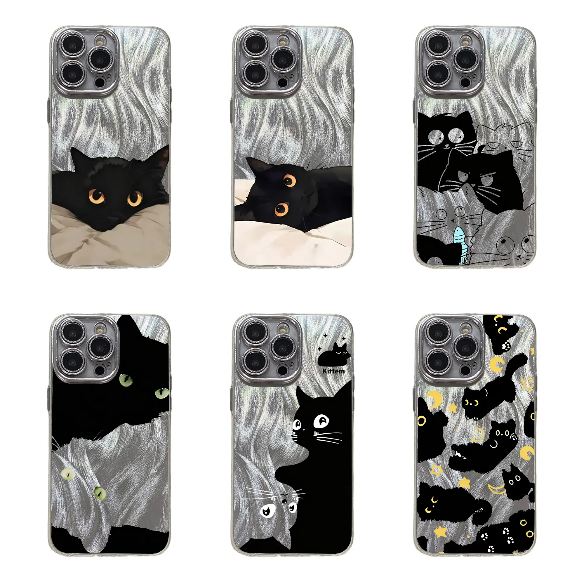 Adorable Black Cat Multi-Model Cellphone Case for iPhone 17,16,15,14,13,12,11 Pro Max Plus - TPU Holographic Shimmer Silver,Glitter Silver Foil, Anti-Drop Shockproof Cellphone Protection, Sleek iPhone Series Accessory