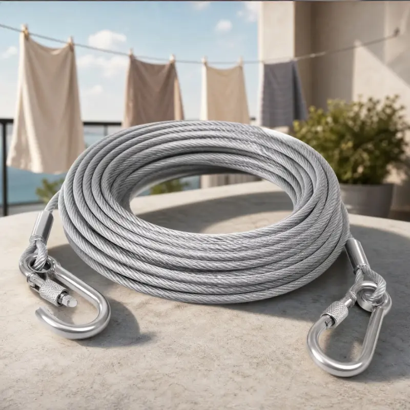 Stainless steel clothesline, adjustable steel wire rope with hooks, adjustable cord, available in 5m/10m options