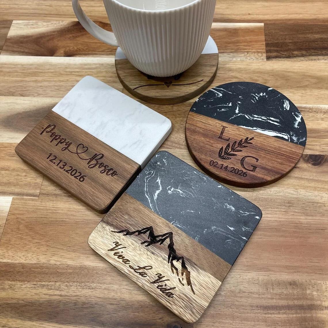 10 Pcs Set Handcrafted Marble Coasters Set Black Marble Wood Round Coasters Set for Tea Coffee Tabletop Protection Helper