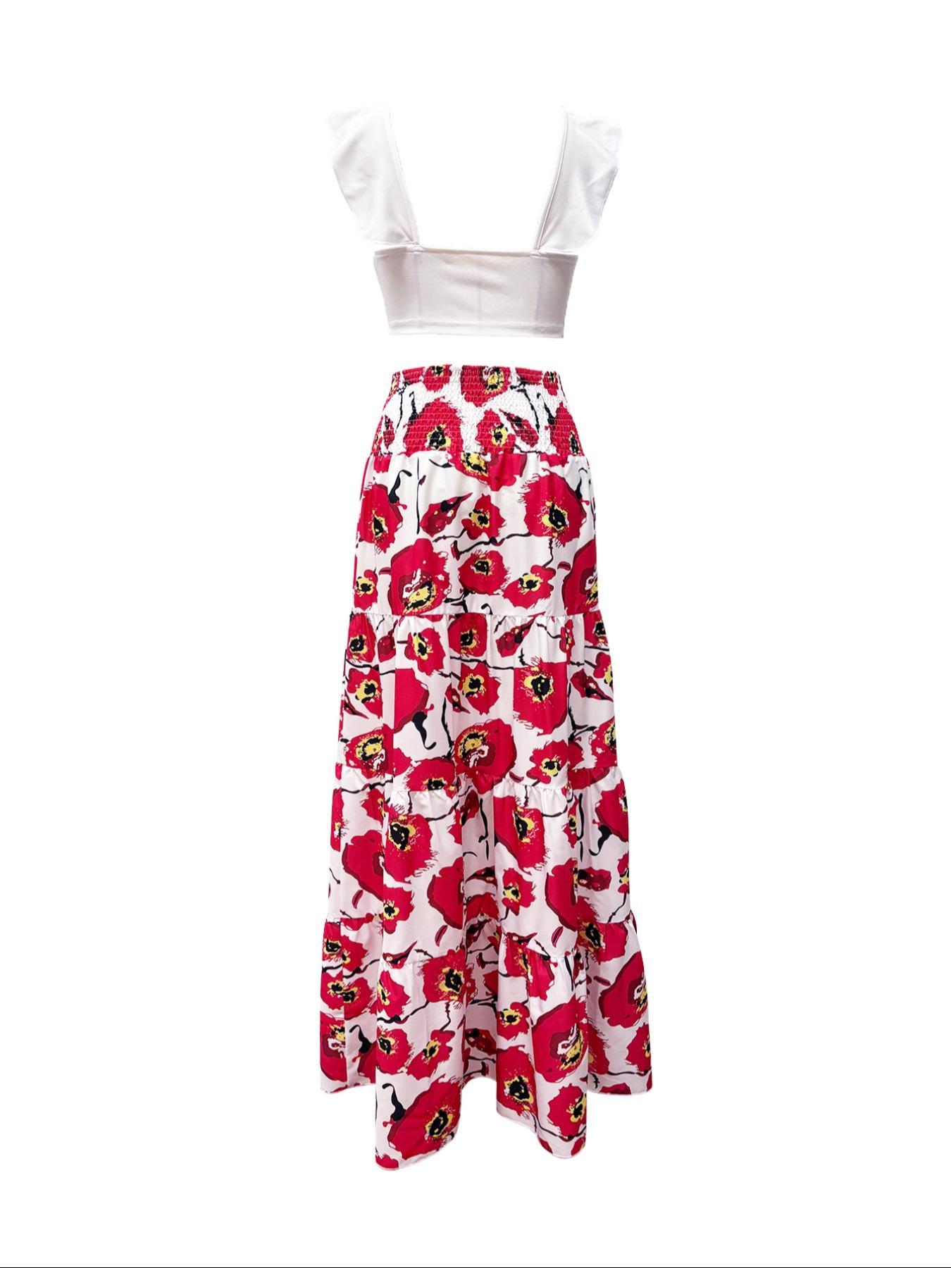 Women's Solid Ruched Ruffle Floral Print Skirt Two-piece Set, Elegant Boho Crop Top & Shirred Maxi Skirt for Beach Holiday Vacation, Ladies Summer Clothes