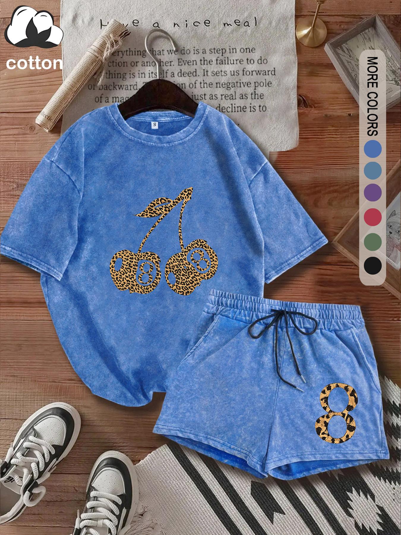 Summer women's suit with leopard and cherry pattern print, comfortable cotton, Breathable, vintage Y2k suitable for outdoor leisure, punk style round neck washed cotton Fitted T-shirt and shorts two-piece suit