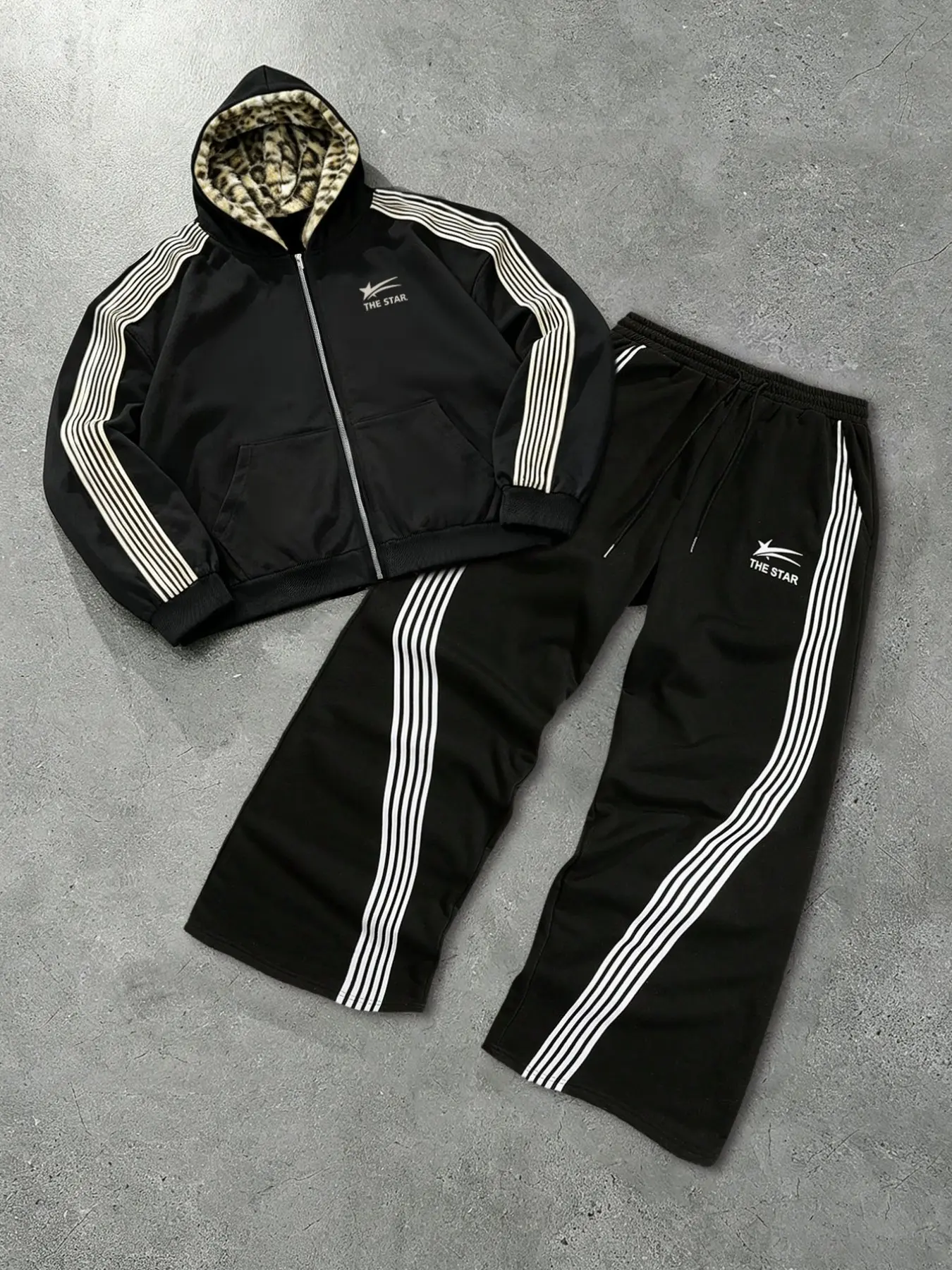 2-Pack Hoodie and Sweatpants Set, Star and Letter Print, Street Fashion, Loose Fit, Spring & Fall Wear, Casual, Two Piece Set