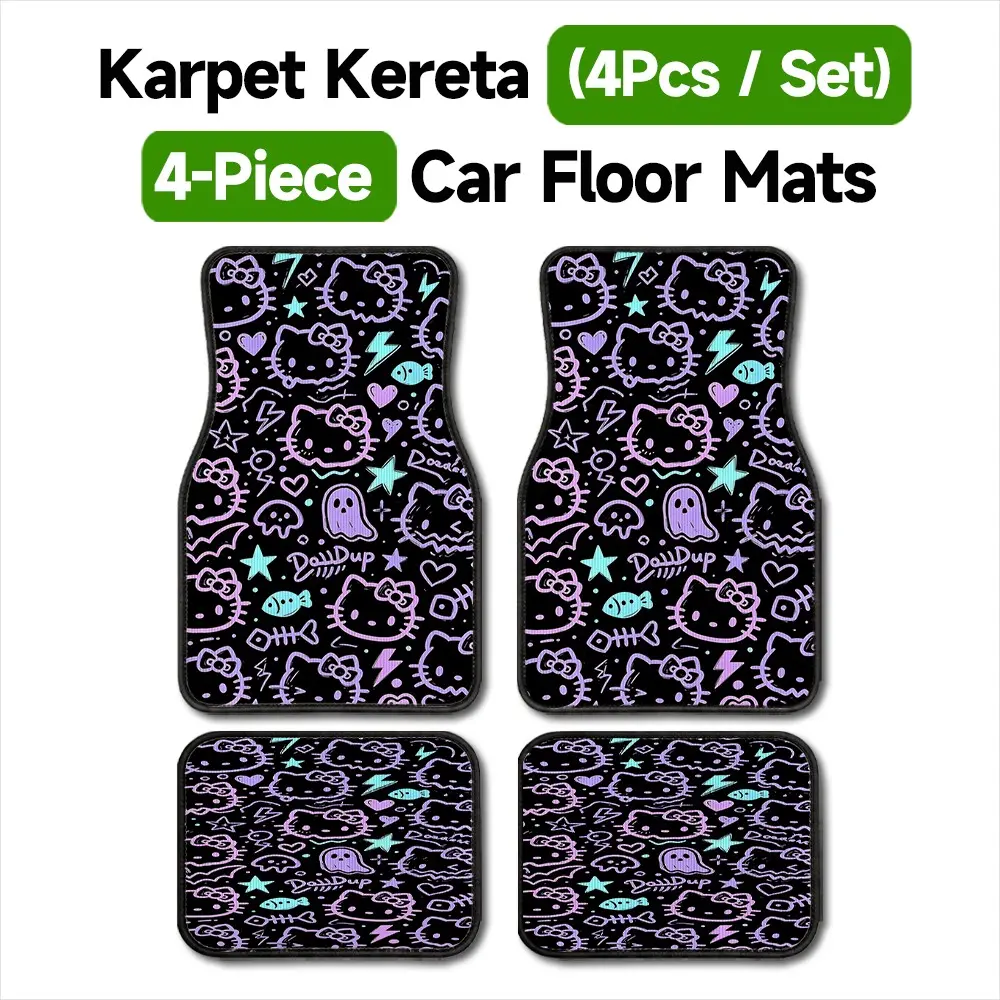 4Pcs/Set Universal Car Floor Mats, Black Base Purple Neon Line Doodle Kitty Space Element All Over Print, Anti-Slip & Dustproof Car Mats, Y2K Kawaii Gothic Car Interior Decor, Perfect Gift for Sanrio Fans & Dark Cute Aesthetic Lovers