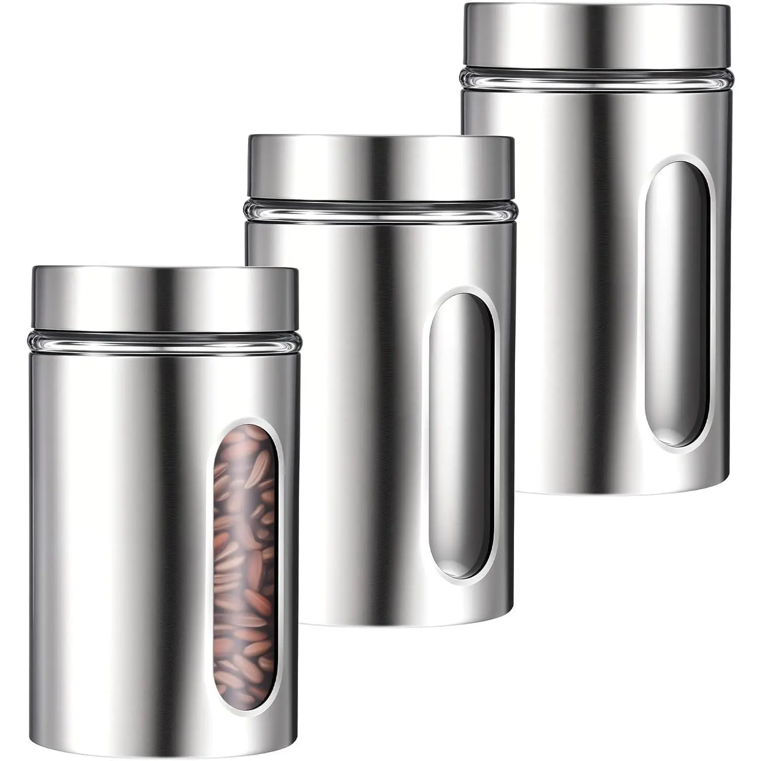 3 Pack Large Kitchen Canisters Set Airtight Coffee Sugar  Candy Storage Jars with Window Glass Stainless Steel Containers with  for Flour Cookies Spices Grains Kitchen Decorations(32oz)