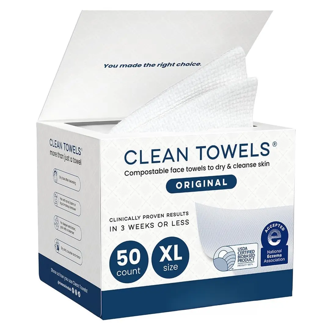 Clean Towels XL ® , 100% USDA Biobased Face Towel, Disposable Face Towelette, Eczema Association Accepted, Makeup Remover Dry Wipes, Ultra Soft, 1 Pack, 50 Ct