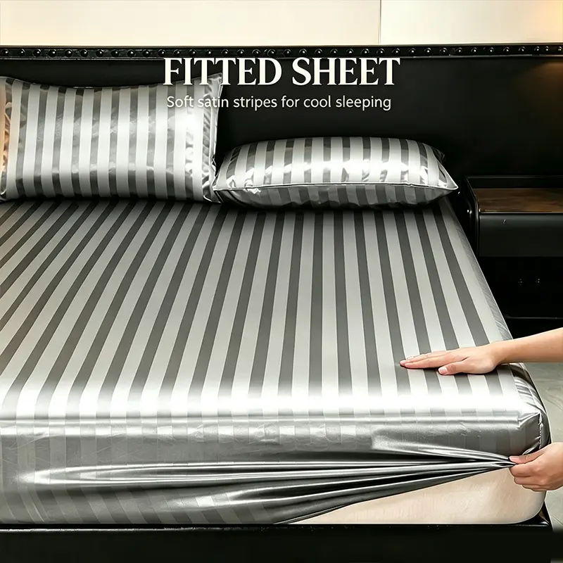Elegant Gloss Satin Striped Fitted Sheet with Coordinated Pillow Shams, Heat Release Silky Smooth Fabric, Tight Fit Deep Pocket Design to Protect Mattress All Year Round