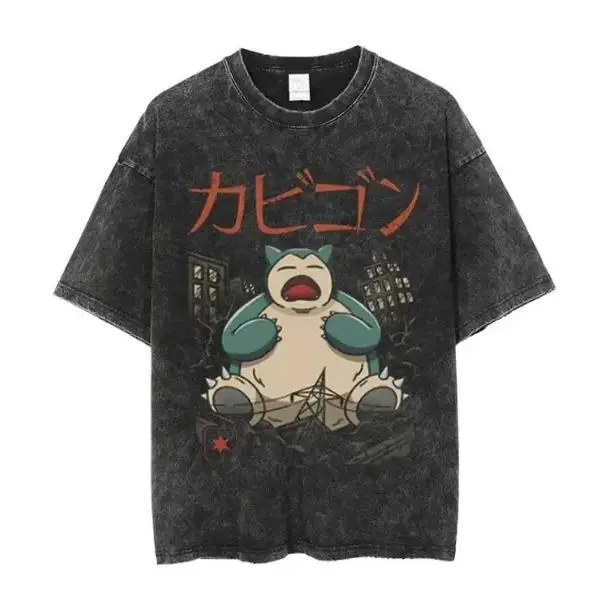 Snorlax Anime Japanese Mineral Washed Oversized Tee, Graphic Tee, Gifts for Him, Birthday, Christmas Menswear, Mens Clothing, Mens Tees, T-Shirt